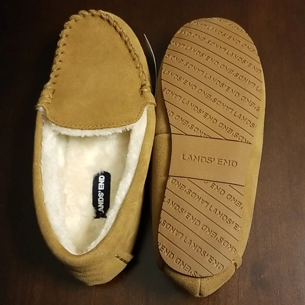 Lands' End Kids Tan Suede Moccasin Slippers with Cream Faux Fur Lining